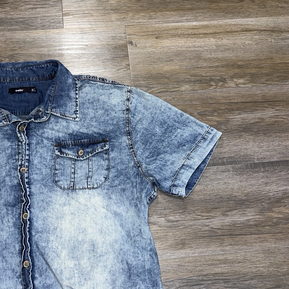 Celio Short-Sleeve Acid-Wash Denim Button-Down Shirt Mens XL Single Chest Pocket - Picture 5 of 11